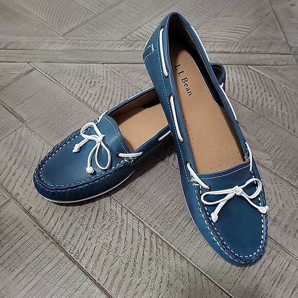L.L. Bean Boat Shoes Womens Sz 5 Turquoise Teal Green Leather Slip On Moccasins - Picture 1 of 8